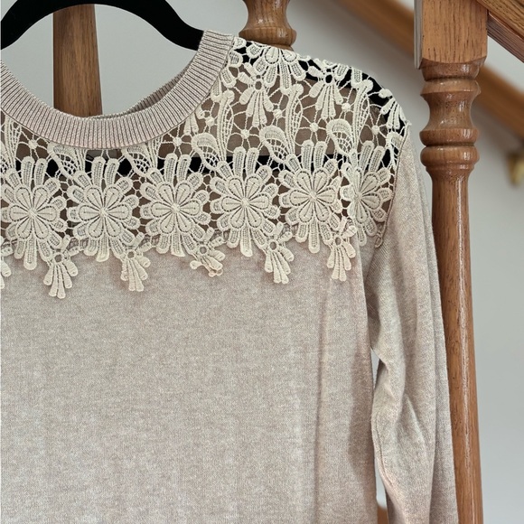 St. John's Bay Tan Knit Long Sleeved Sweater with Scalloped Lace Detail - Picture 1 of 4